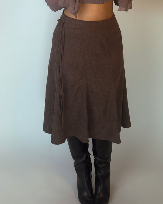 Brown Pleated Midi Skirt with Tassel Tie Waist - L/XL