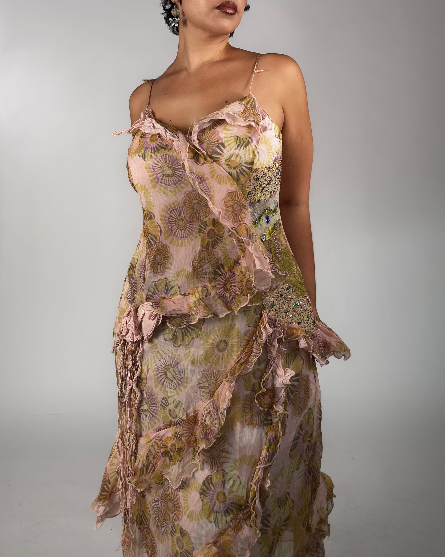 French Silk Beaded Ruffle Dress - M/L