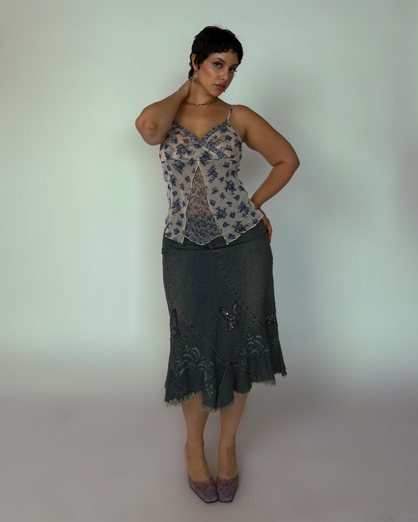 Vintage Stretch Denim Beaded Butterfly - size L-XXL