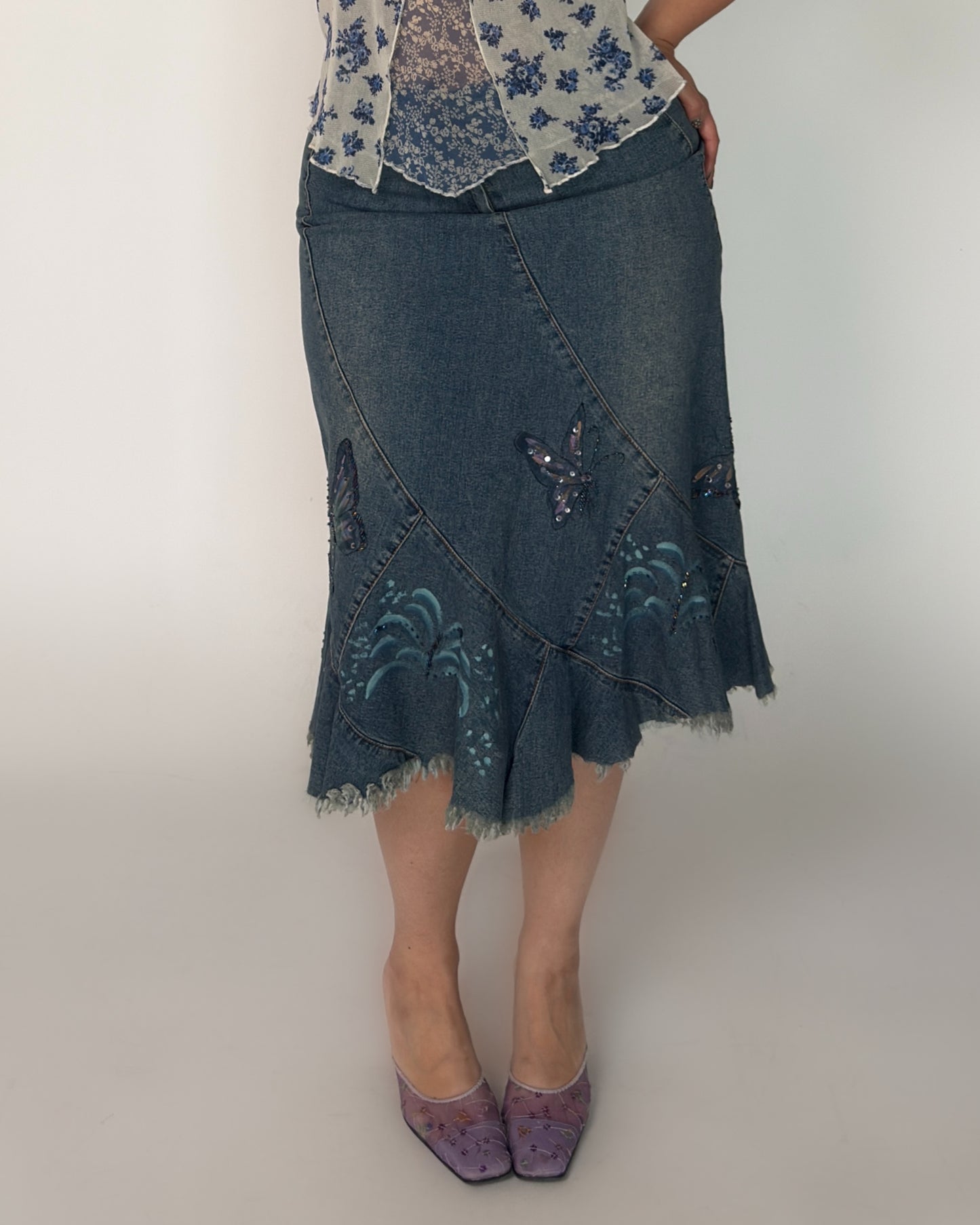 Vintage Stretch Denim Beaded Butterfly - size L-XXL