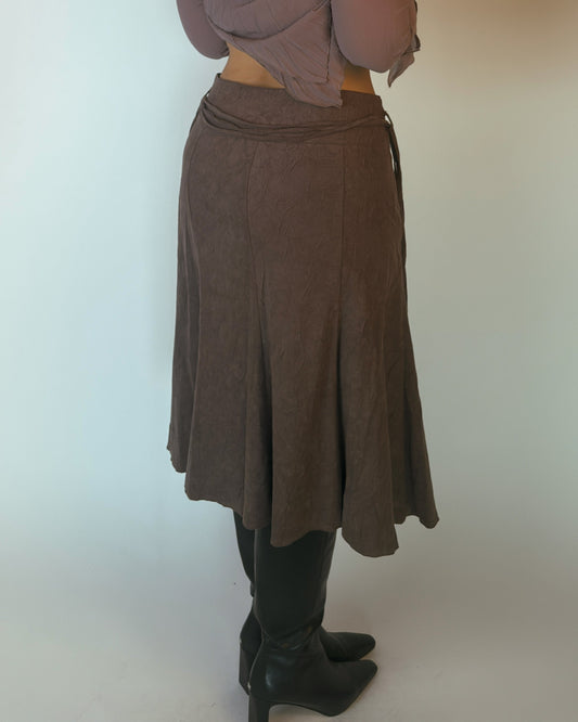 Brown Pleated Midi Skirt with Tassel Tie Waist - L/XL