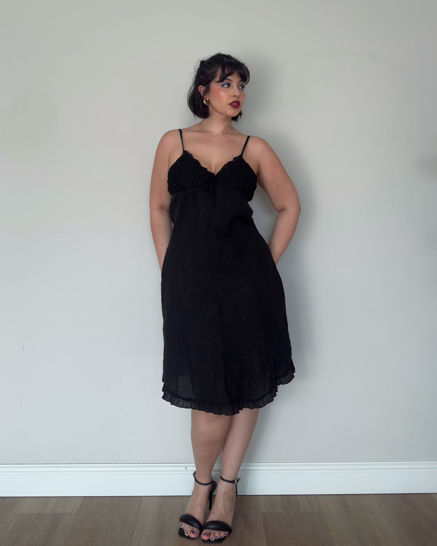 Black Linen Slip Dress - size L-XL