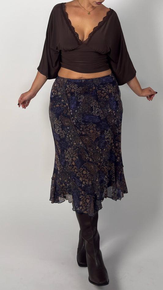 Vintage Midnight Blue Floral Stretch Skirt - L/XL