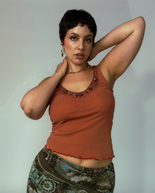 Vintage Rusty Orange Beaded Mesh Top - size M/L