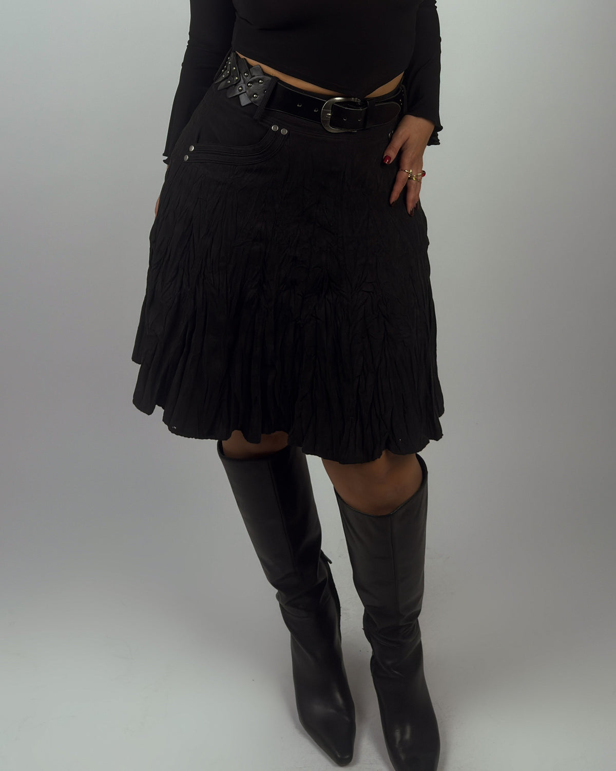 Black Pleated Mini Skirt with Studded Belt - M/L