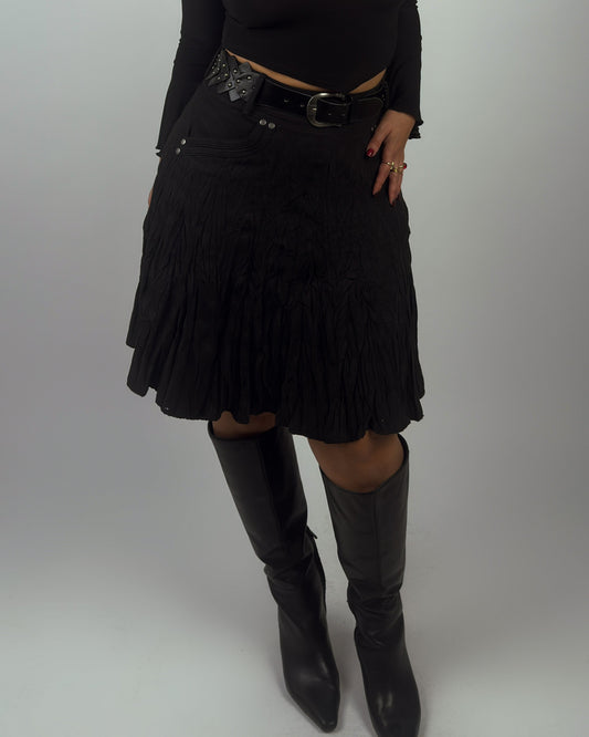 Black Pleated Mini Skirt with Studded Belt - M/L