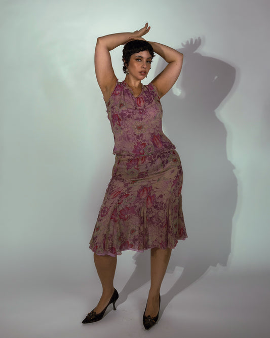Vintage Silk Floral Matching Skirt Set - size M/L