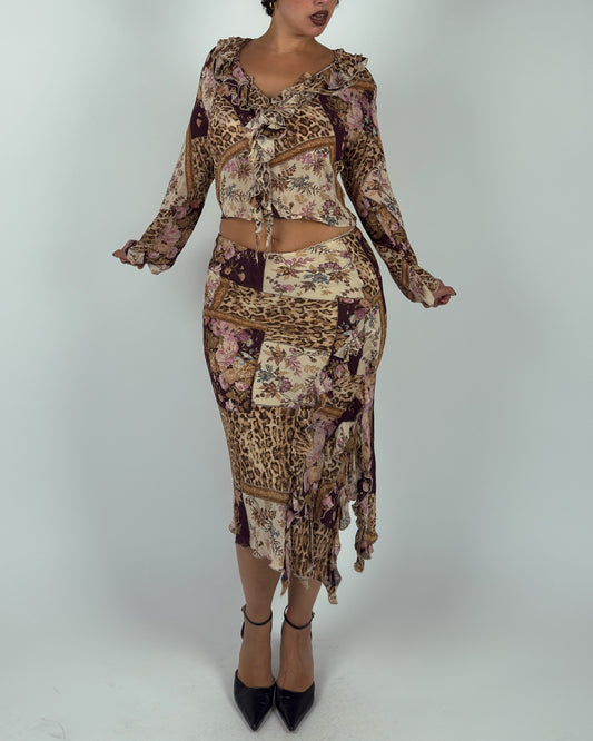 Leopard & Floral Patchwork Mesh Matching Set - M/L