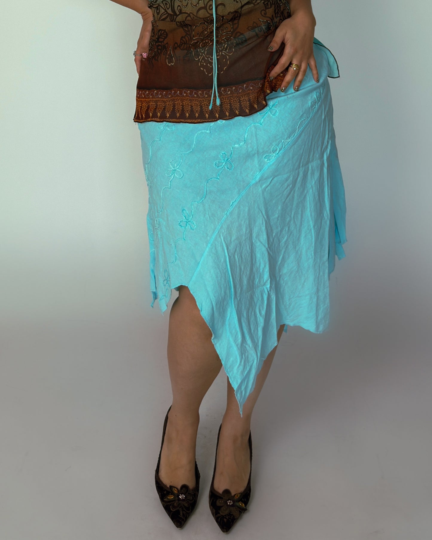 Vintage Blue Linen Asymmetrical Skirt - size L/XL