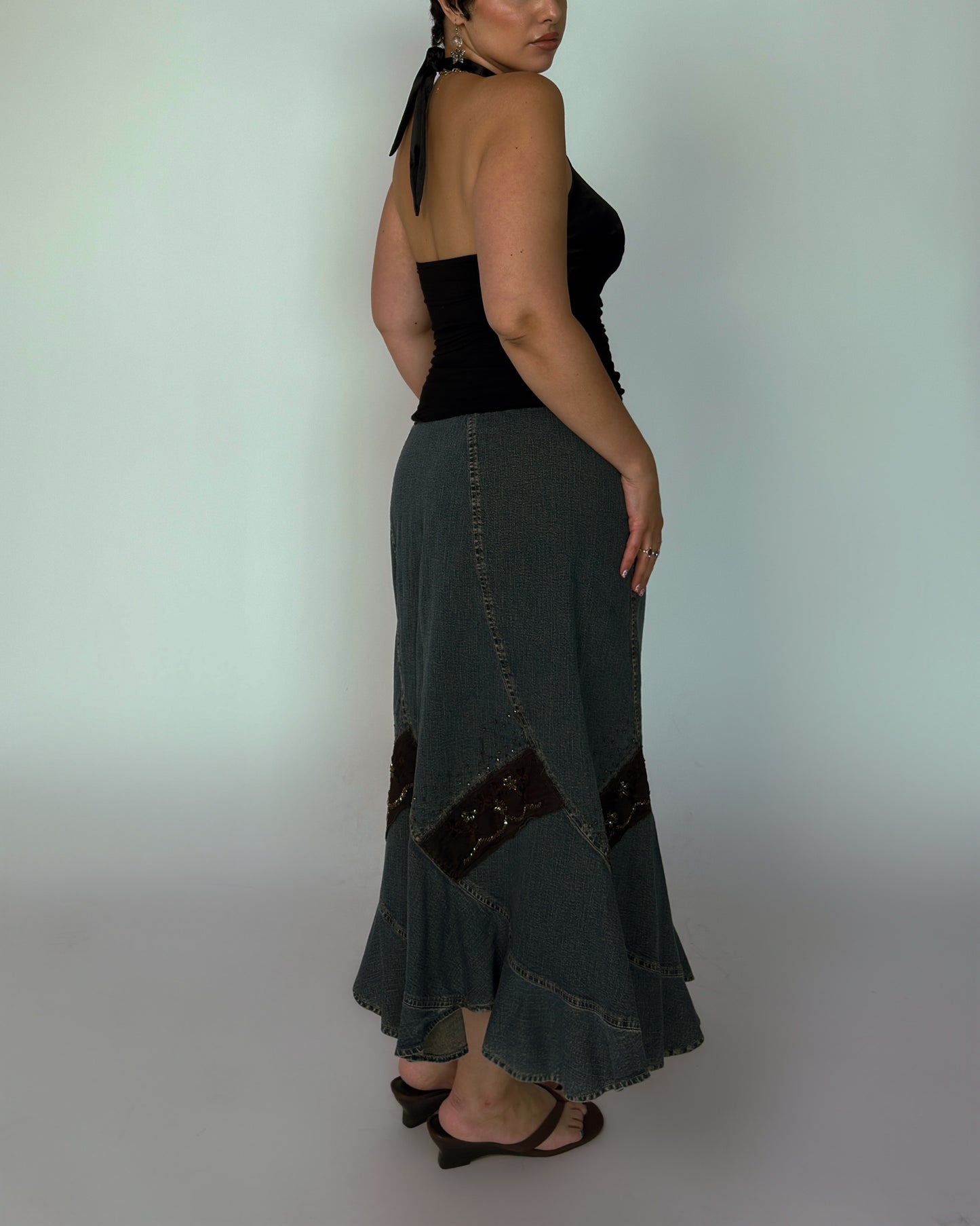 Vintage Georges Franck Denim Beaded Skirt - size XL/XXL