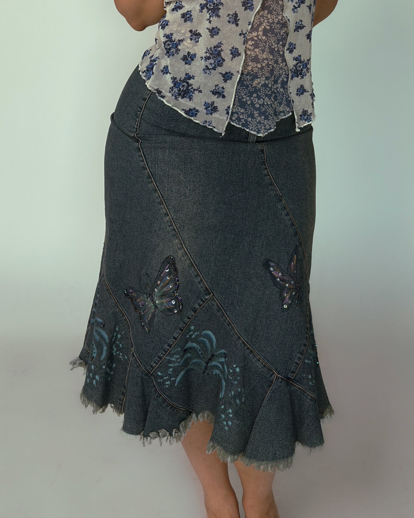 Vintage Stretch Denim Beaded Butterfly - size L-XXL
