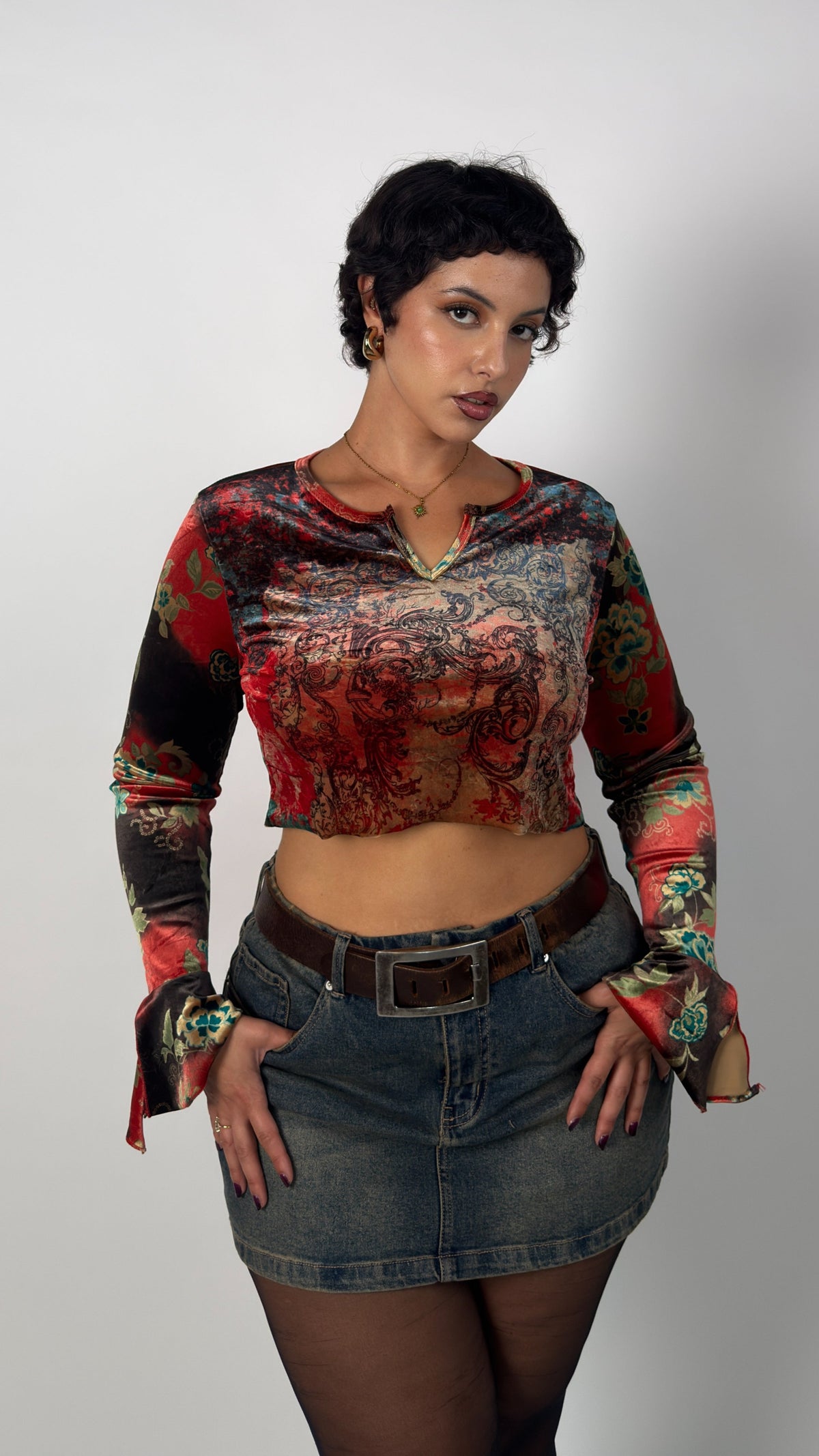 Velvet Bell Sleeve Crop Top