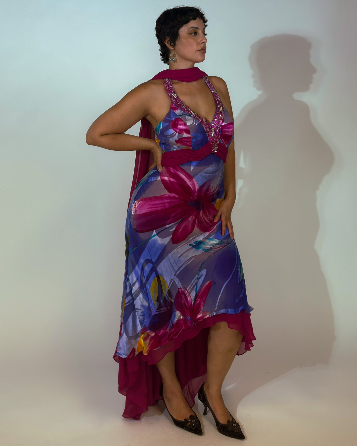 Vintage Italian Silk Beaded Halter Dress with Matching Scarf - size L/XL