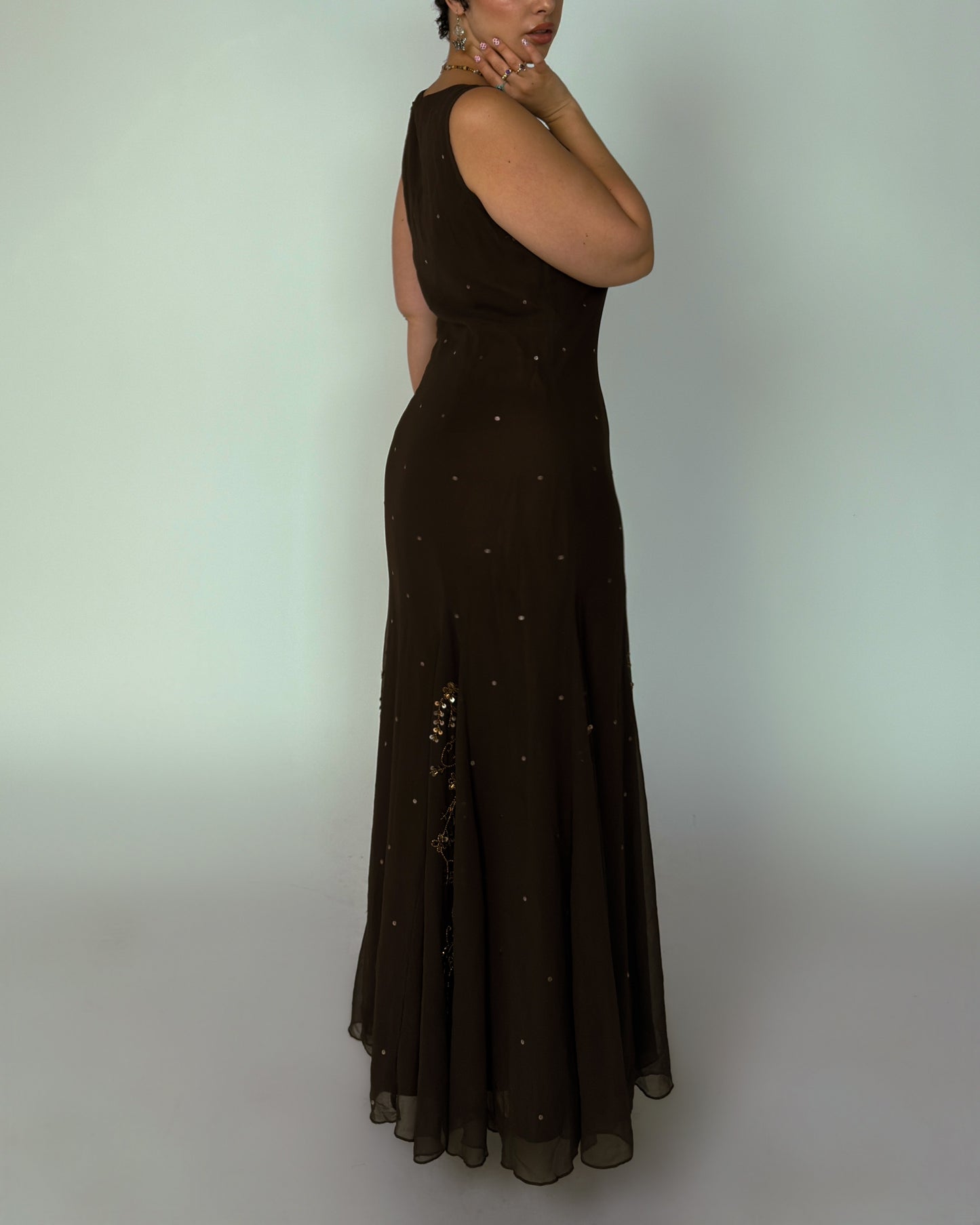 Vintage Brown Beaded Maxi Dress - size L-XL