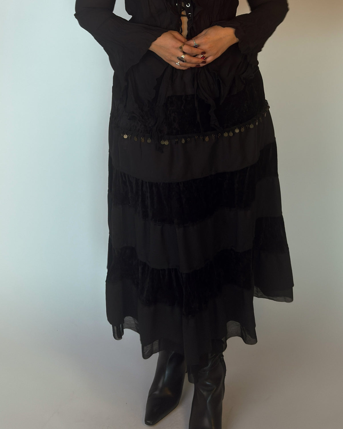Black Tiered Velvet Maxi Skirt - size L/XL