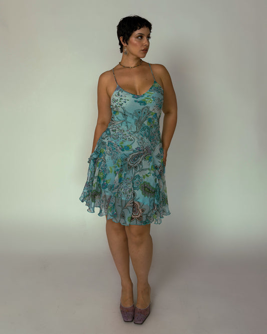 Vintage Blue Floral Midi Dress - size M/L