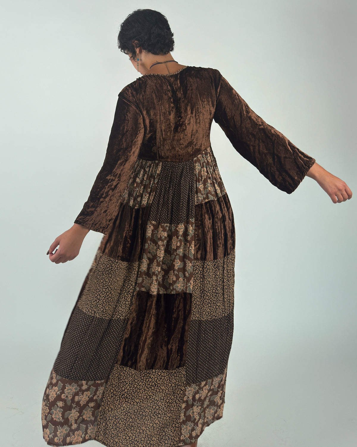 Vintage Brown Velvet Patchwork Tiered Maxi Dress - L/XL