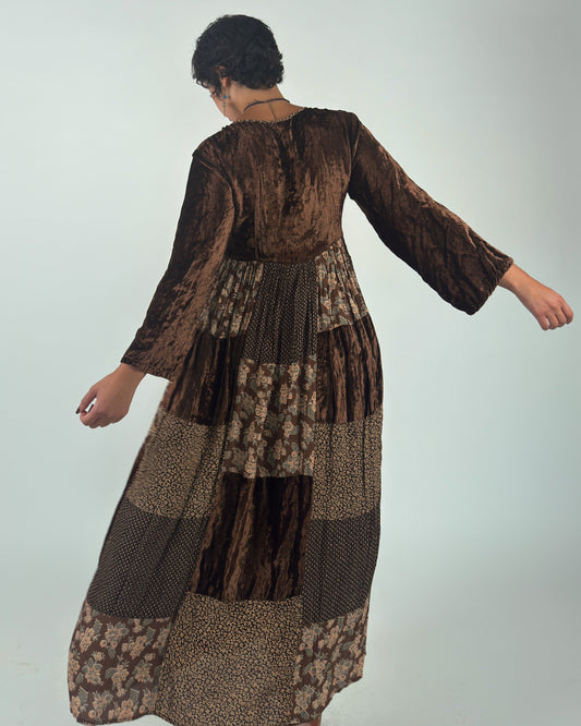 Vintage Brown Velvet Patchwork Tiered Maxi Dress - L/XL