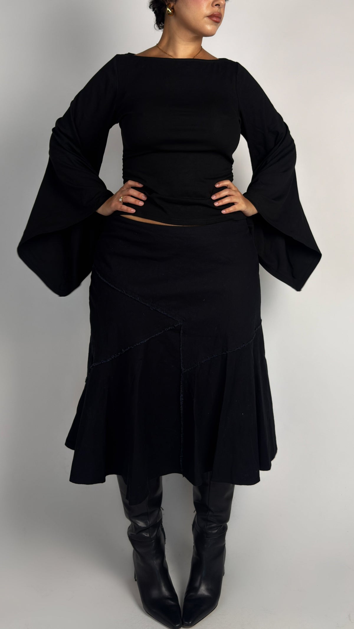 Cotton Black Asym Panel Midi Skirt - L/XL