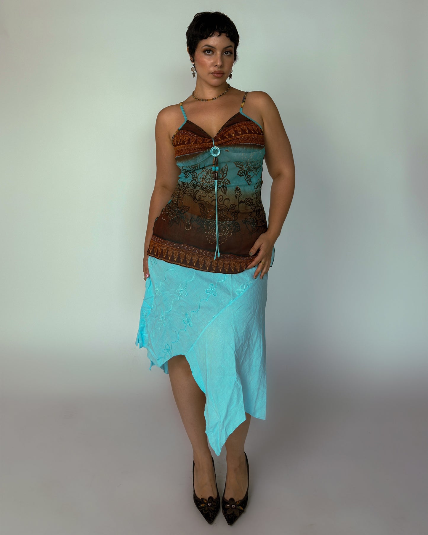 Vintage Blue Linen Asymmetrical Skirt - size L/XL