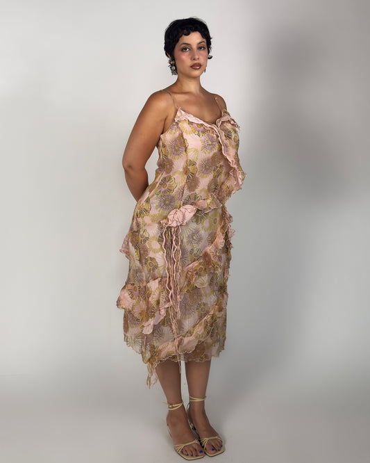 French Silk Beaded Ruffle Dress - M/L