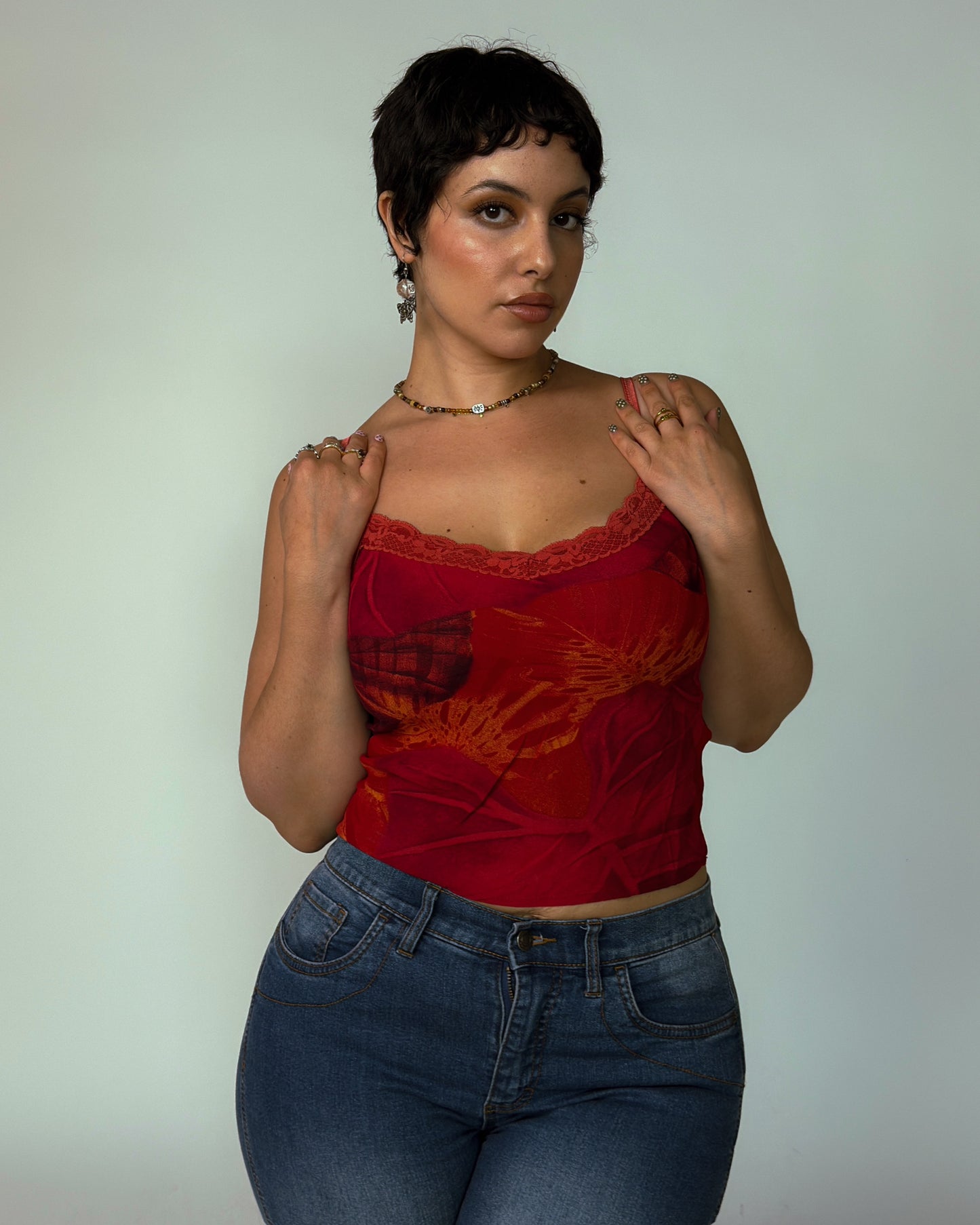 Vintage Red Lace Trim Cami Top - size M