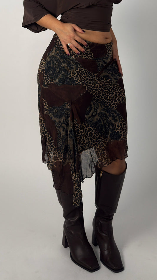 Italian Vintage Leopard Asym Stretch Midi Skirt - M-XL