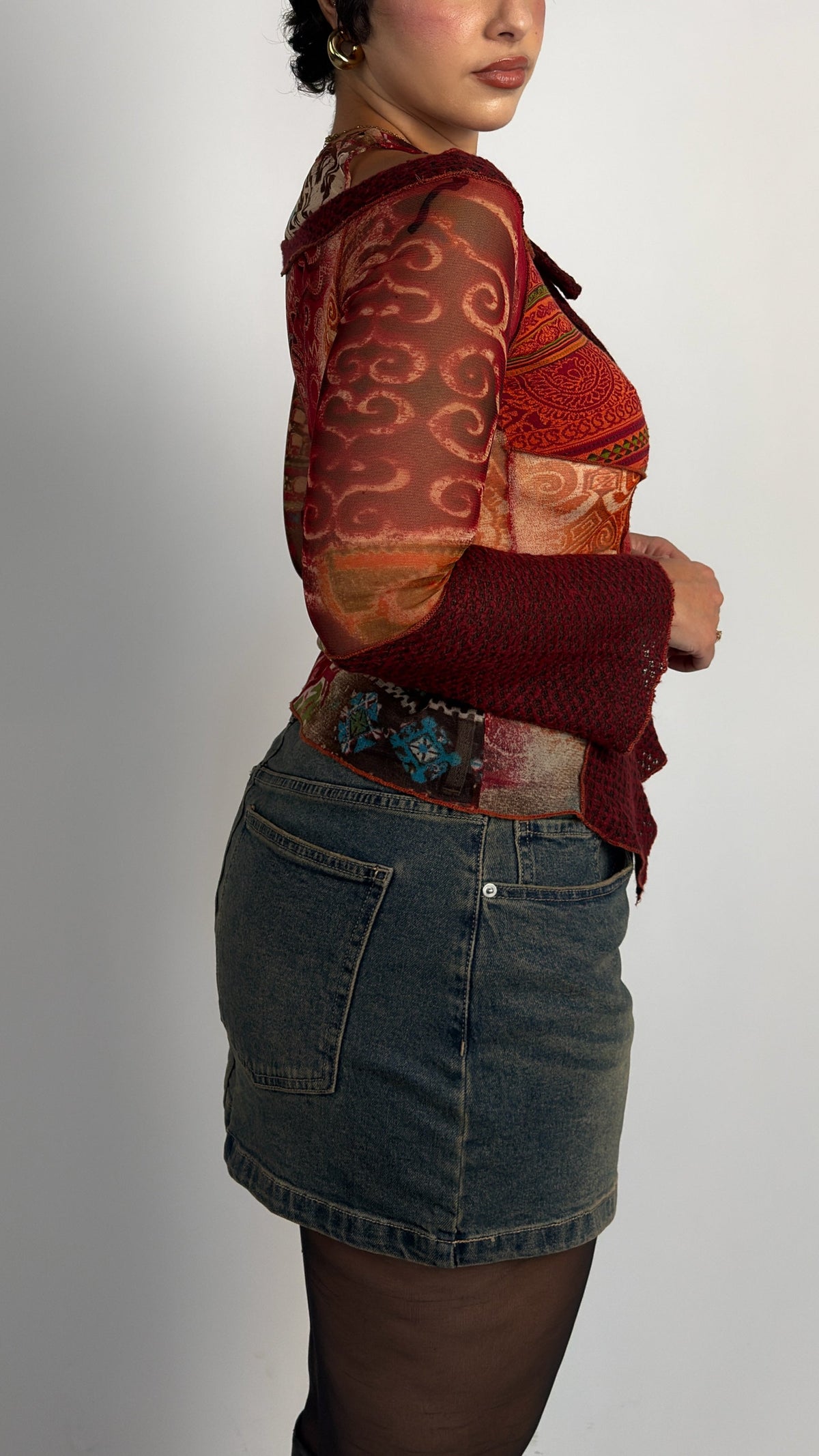 French Vintage Patchwork Mesh & Knit Top - M/L