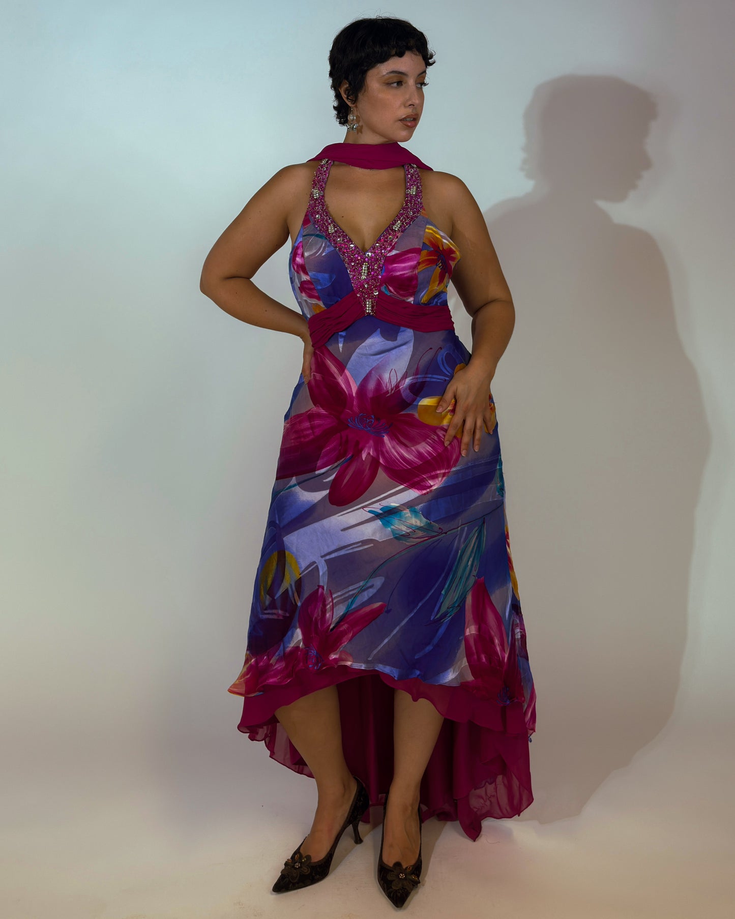 Vintage Italian Silk Beaded Halter Dress with Matching Scarf - size L/XL