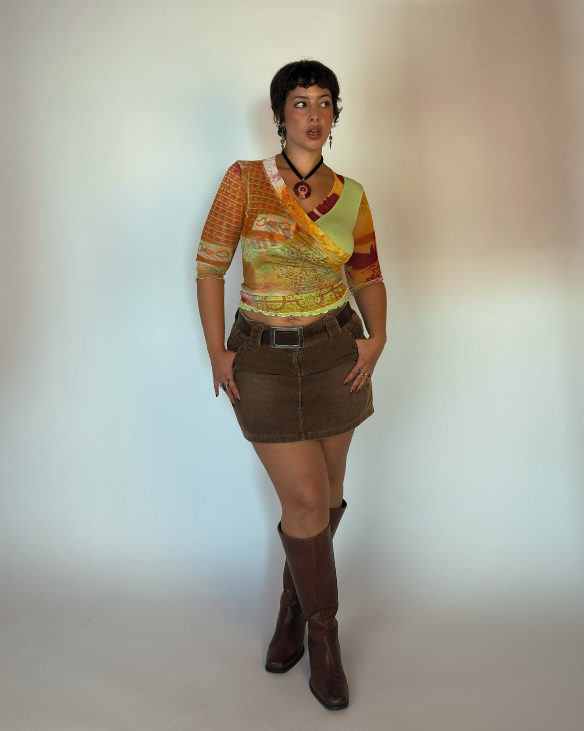 Y2K Patchwork Mesh Wrap Top - size M/L