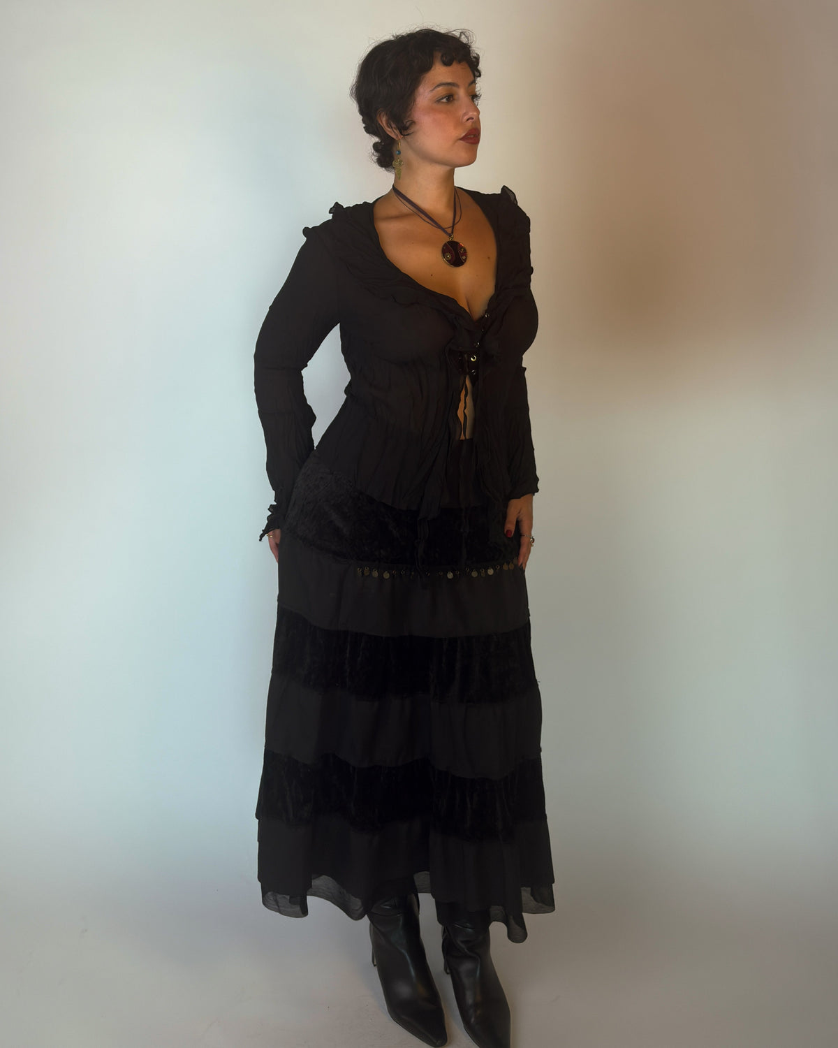 Black Ruffle Lace-Up Top - M/L