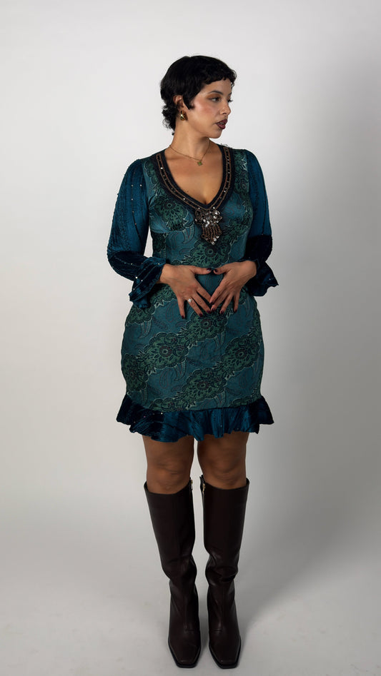 French Vintage Teal Velvet Ruffle Mini Dress - M