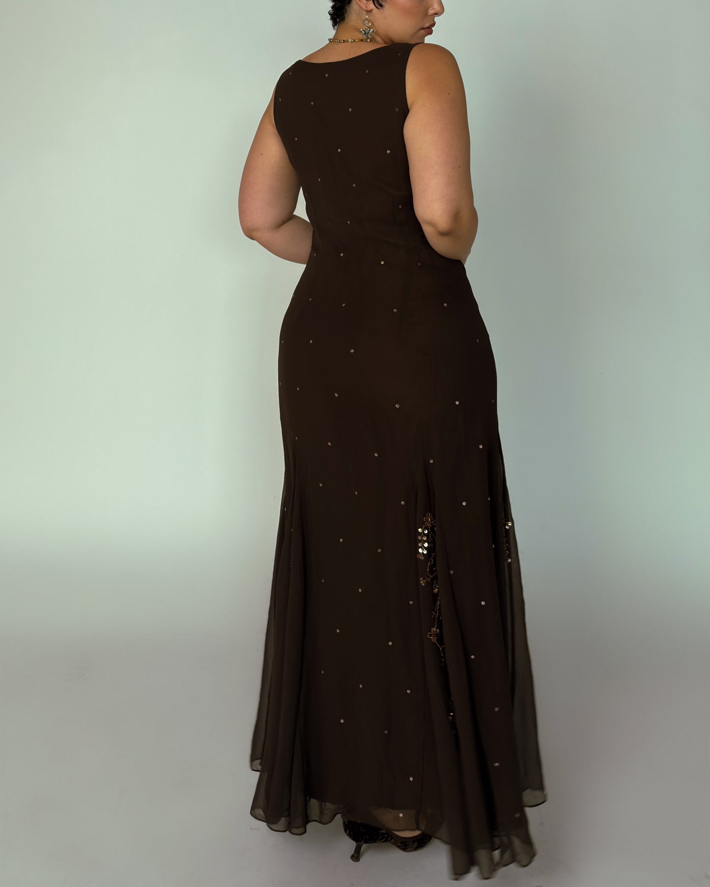 Vintage Brown Beaded Maxi Dress - size L-XL