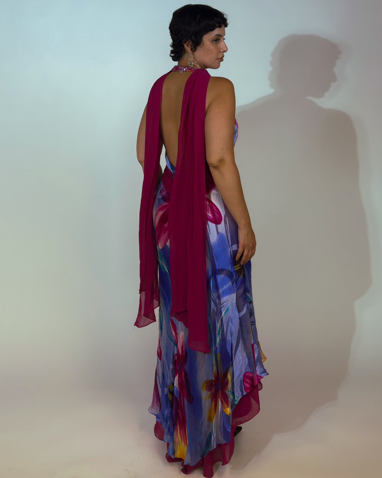 Vintage Italian Silk Beaded Halter Dress with Matching Scarf - size L/XL