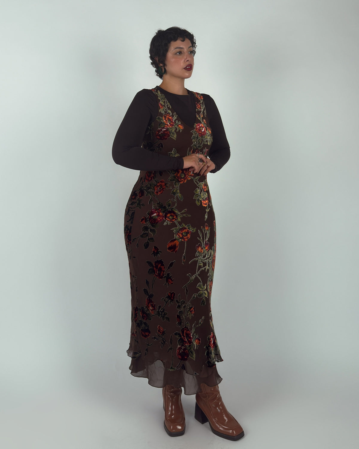 Rare Vintage Derhy Silk Velvet Burnout Midi Dress - M/L