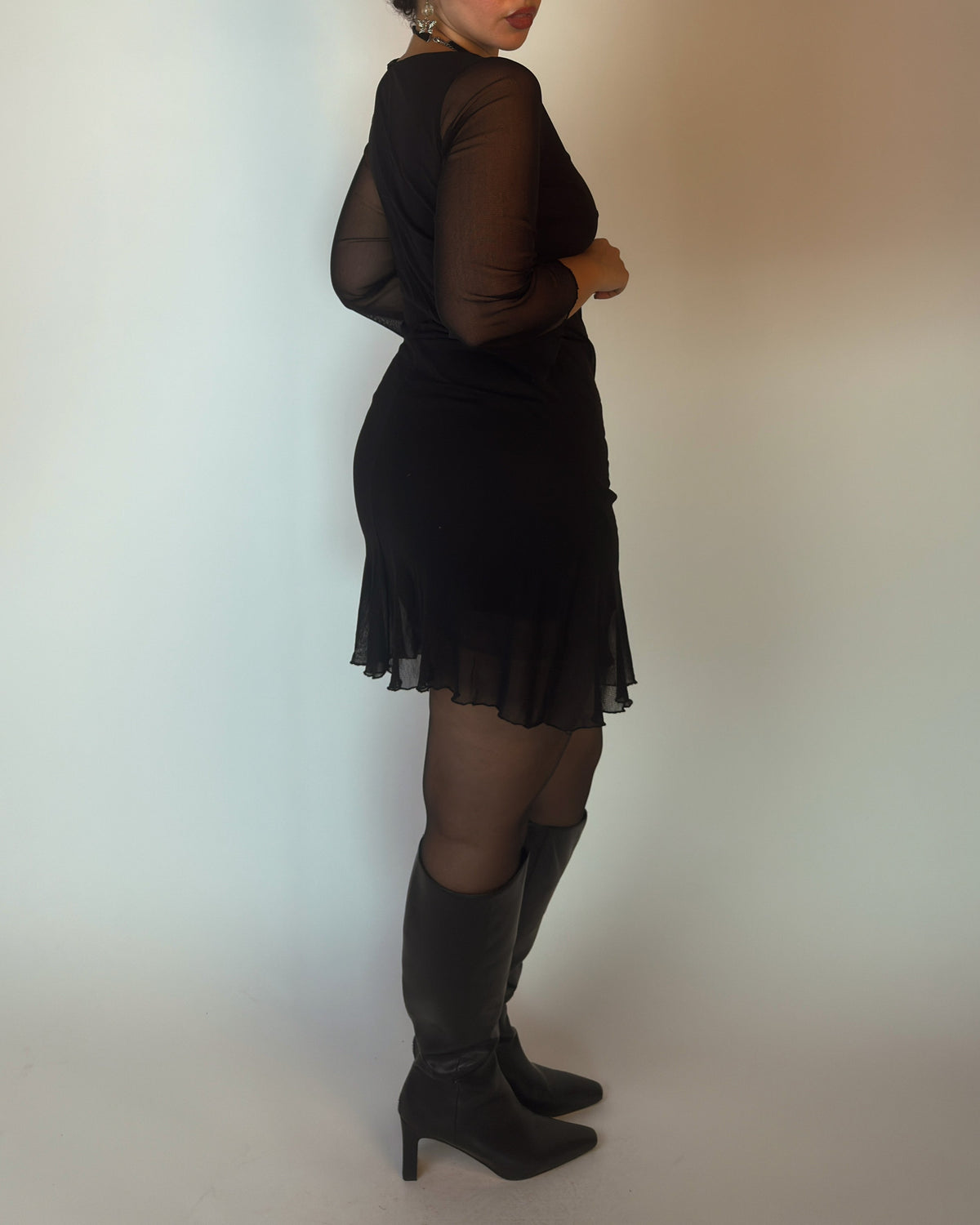 Black Mesh Mini Dress with Ruffle Hem - M/L