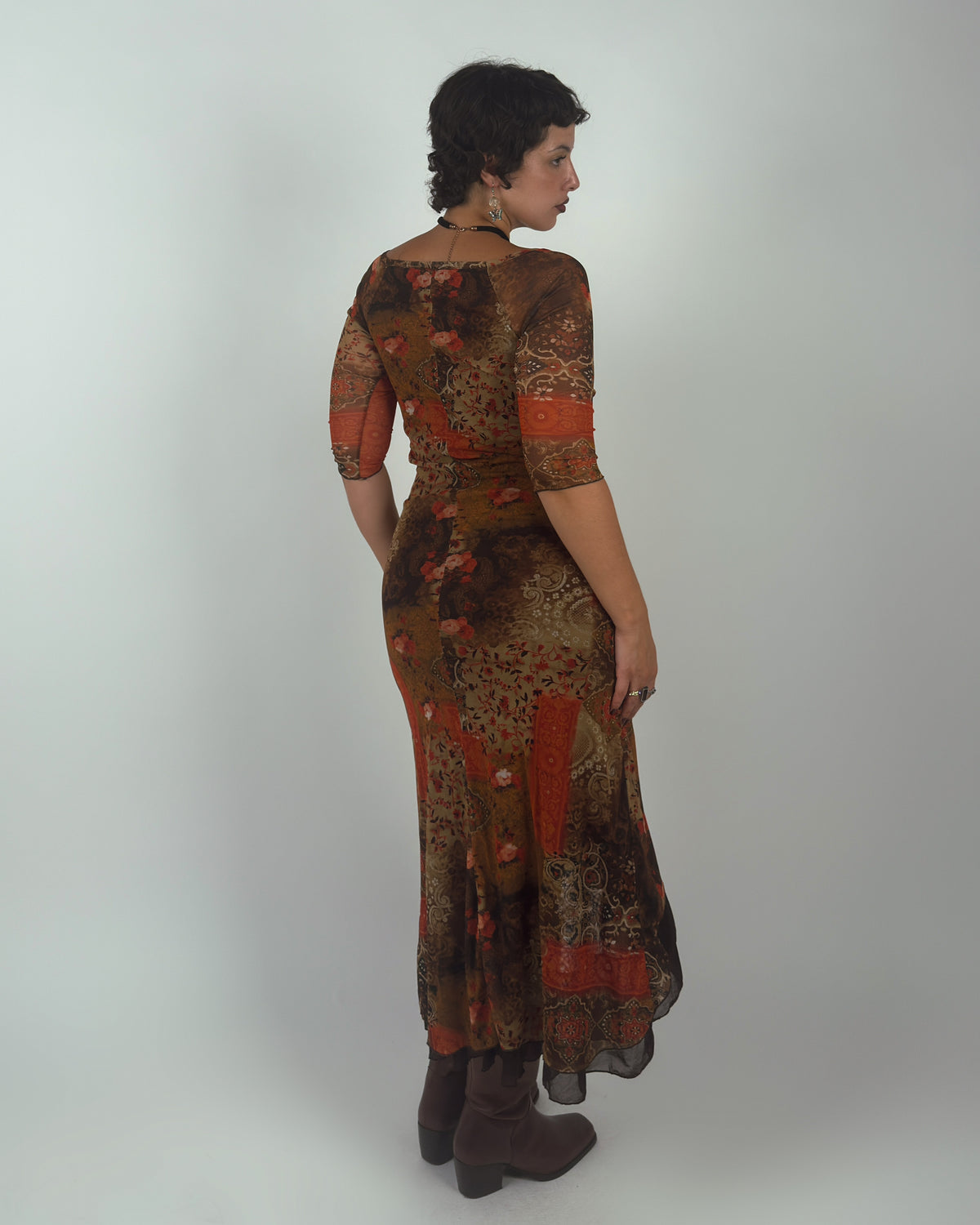 Patchwork Mesh Stretch Midi Dress - M-XL
