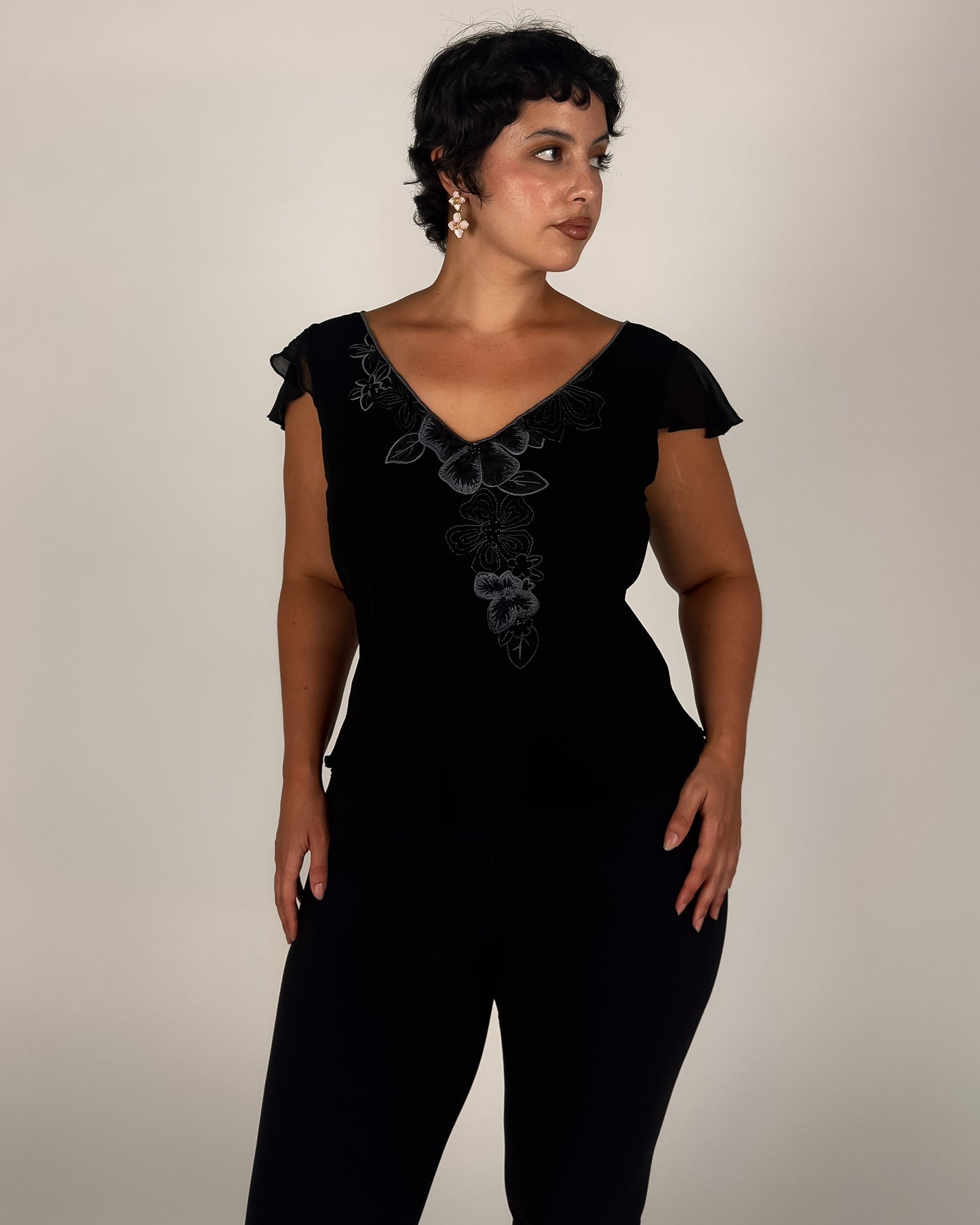 Black Floral Top - M/L