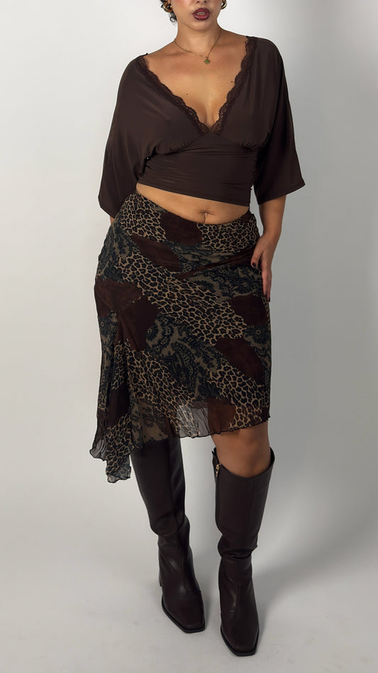 Italian Vintage Leopard Asym Stretch Midi Skirt - M-XL