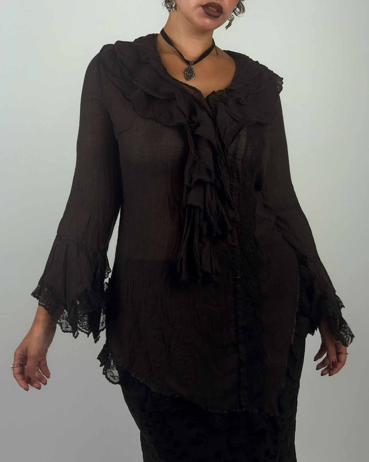 Black Ruffle Top with Lace Bell Sleeves - M/L