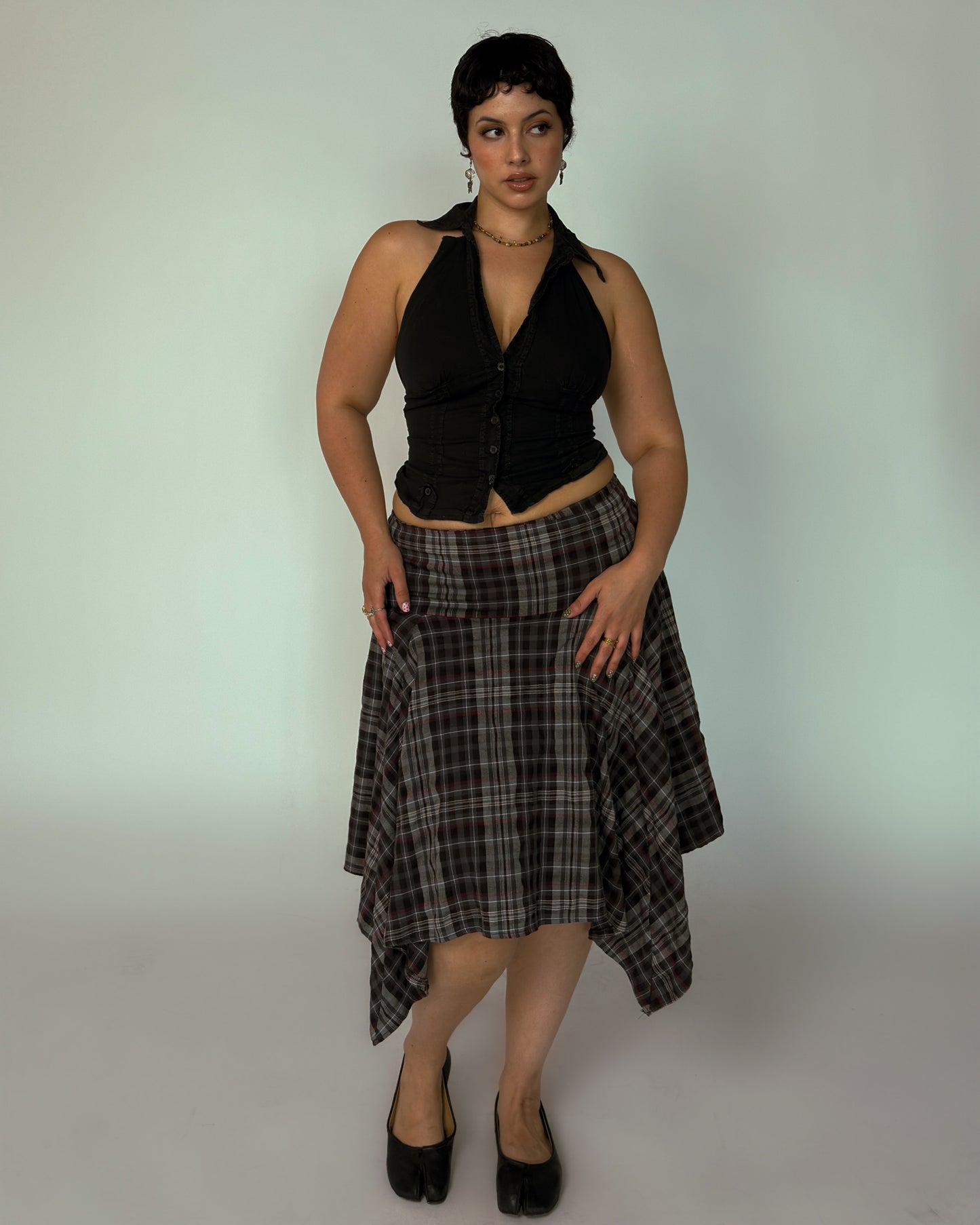 Plaid Handkerchief Hem Skirt - size L/XL