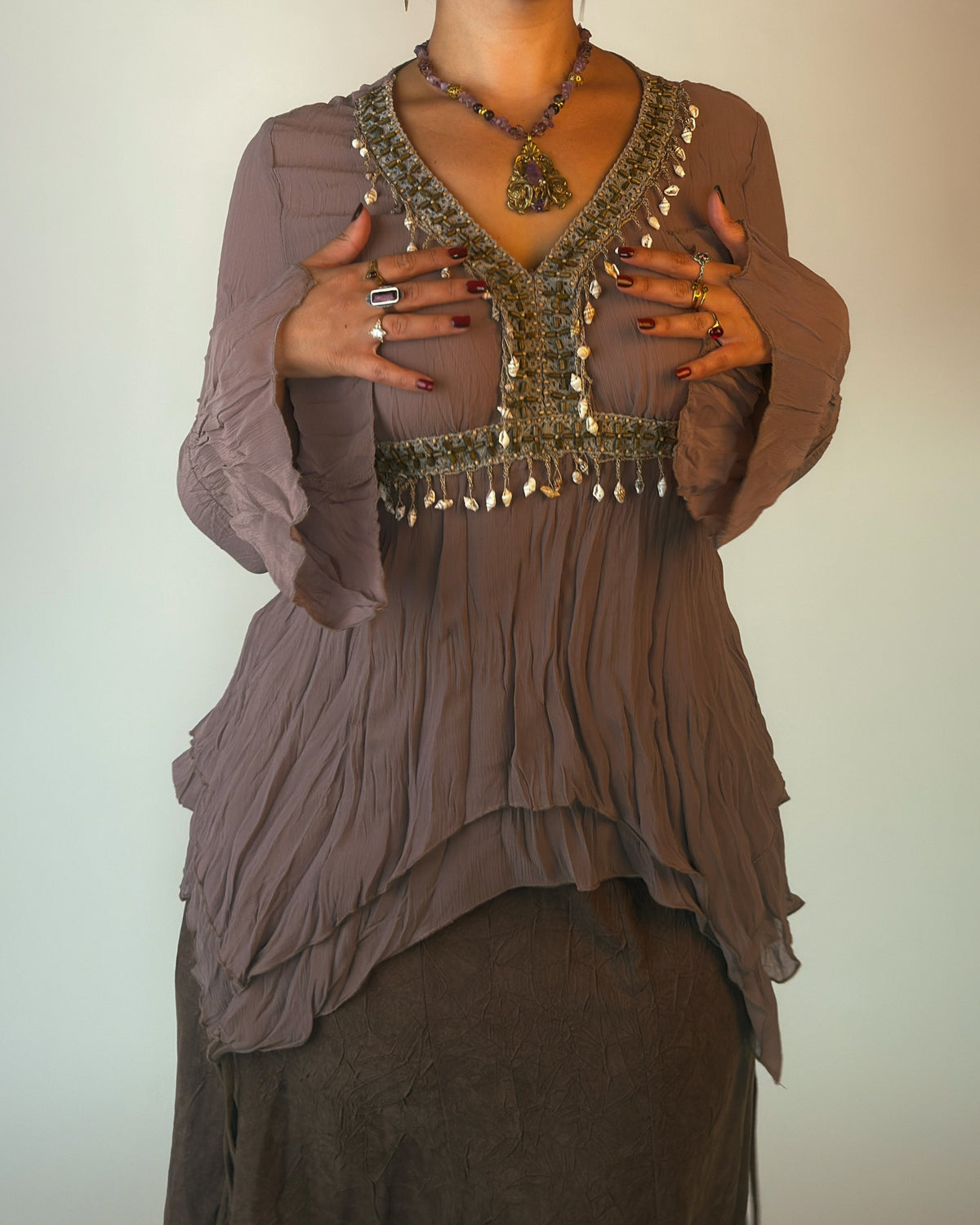 Mauve Crinkle Tiered Ruffle Top - M/L