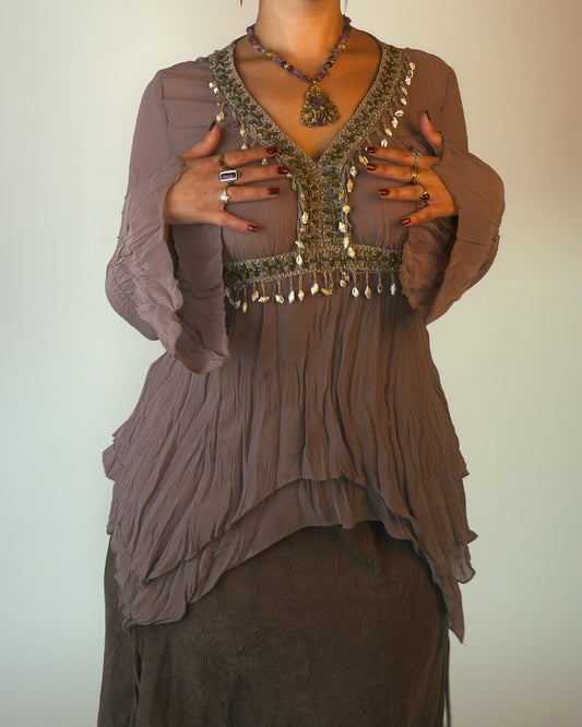 Mauve Crinkle Tiered Ruffle Top - M/L