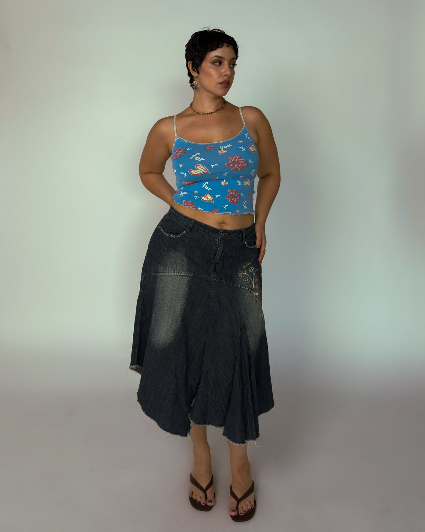Vintage Beaded Denim Midi Skirt - size L/XL