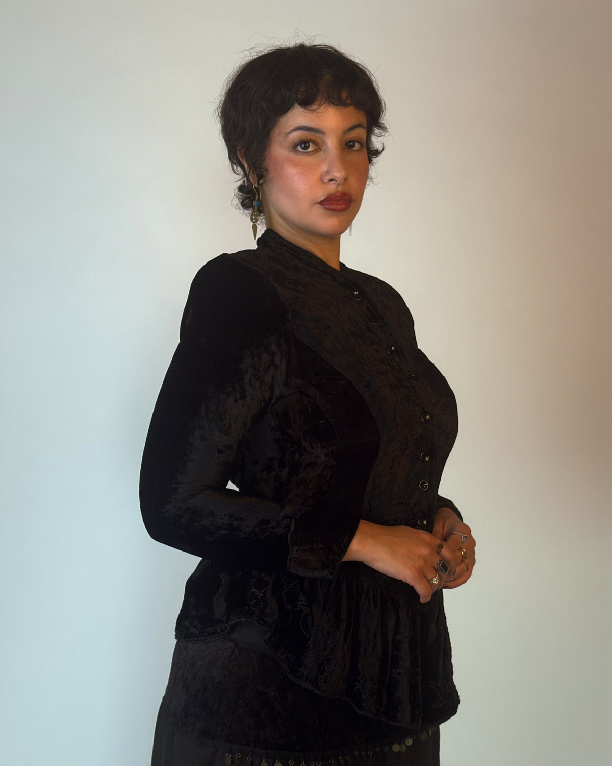 Rare 80s/90s Derhy Velvet Beaded Peplum Top - M/L