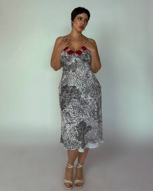 Vintage René Derhy Graffiti Lace Print Midi Slip Dress - size L/XL