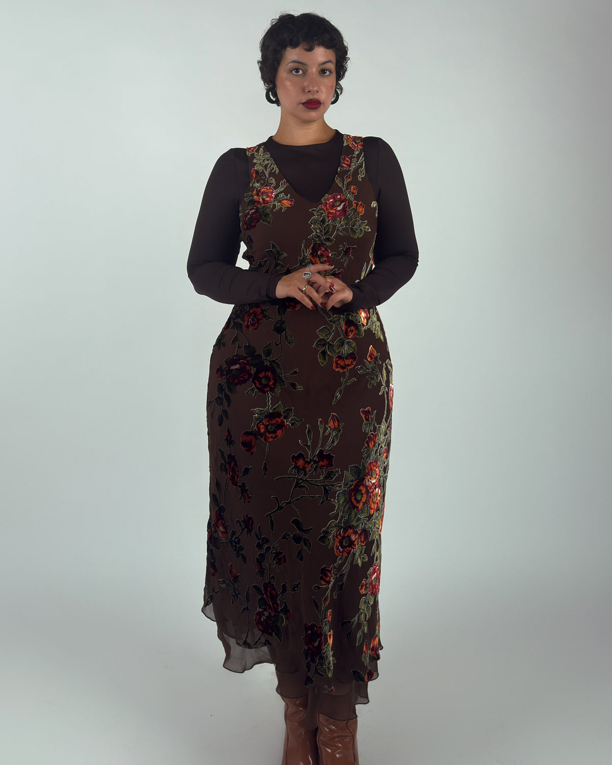 Rare Vintage Derhy Silk Velvet Burnout Midi Dress - M/L