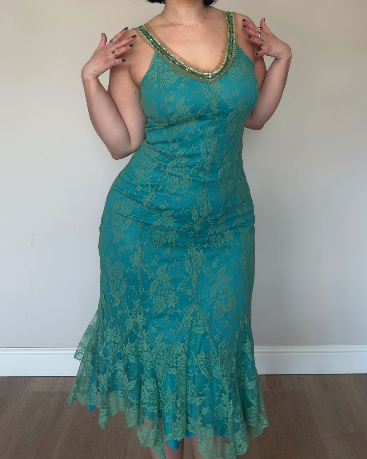 Vintage Teal Lace Midi Dress – M/L