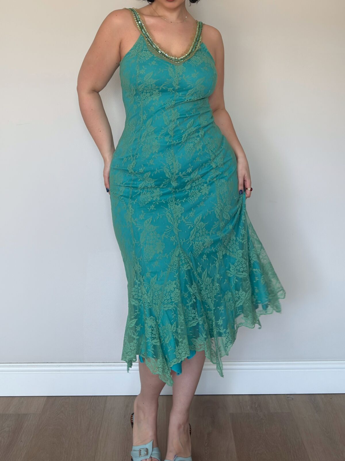 Vintage Teal Lace Midi Dress – M/L
