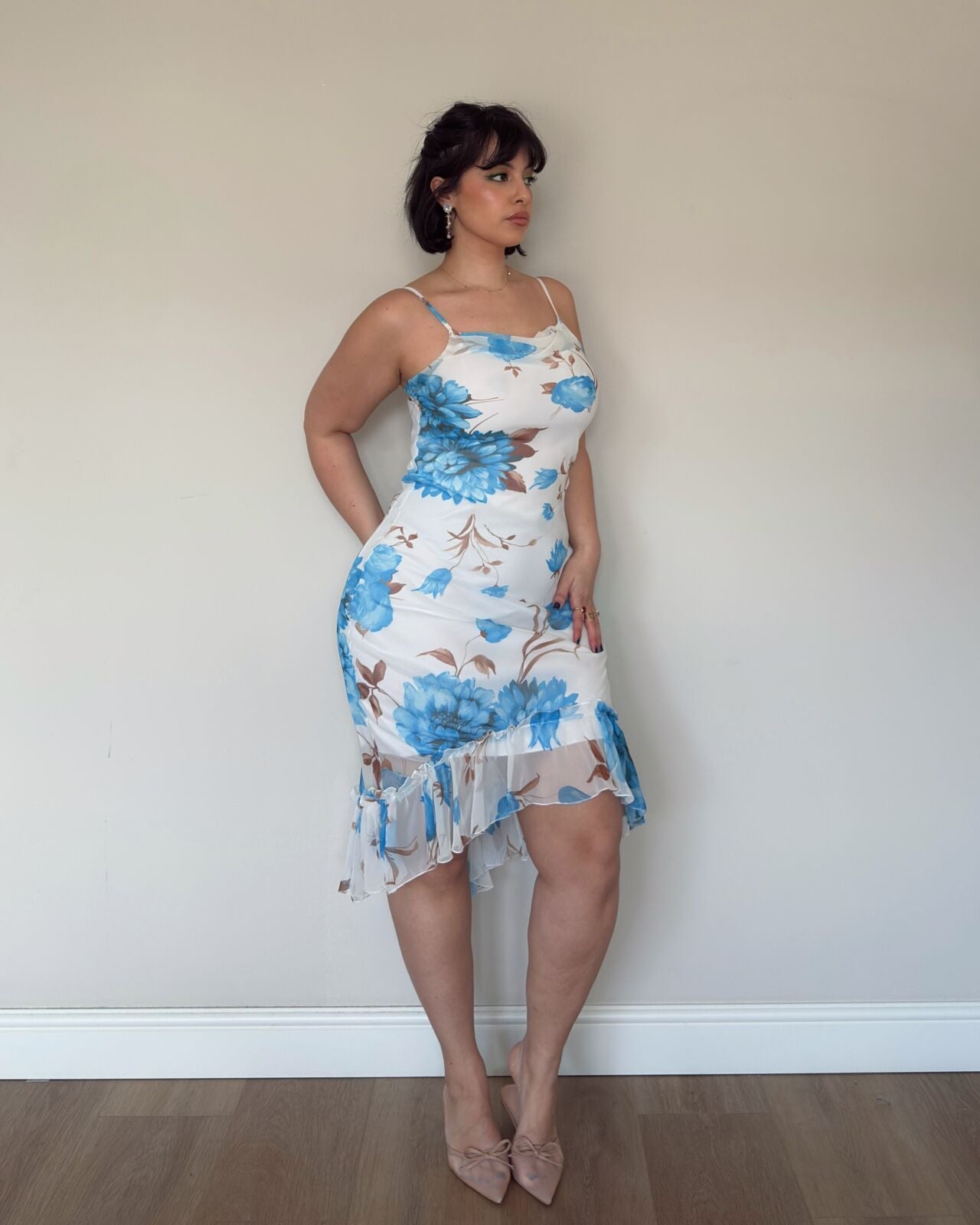 Blue Floral Mesh Midi Dress – M
